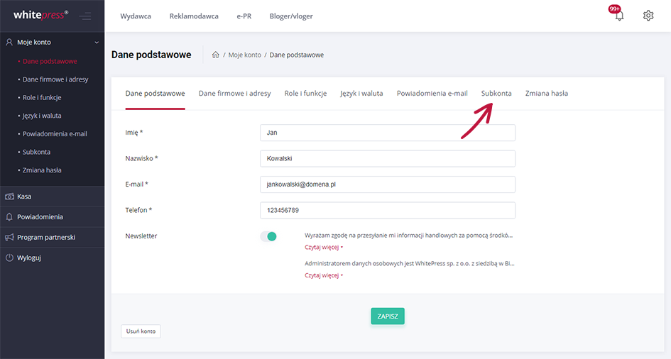 dodawanie subkonta w whitepress – krok 2