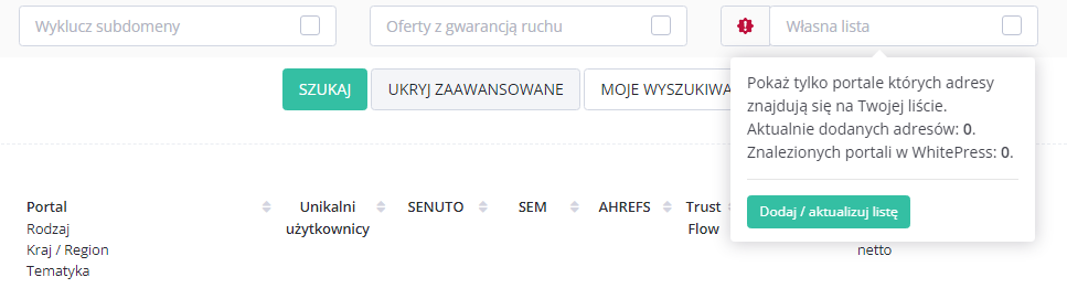 Własna lista portali - screen