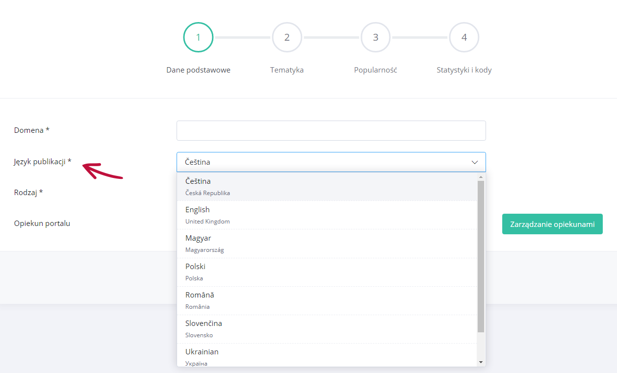 wybór języka w kreatorze dodawania portalu