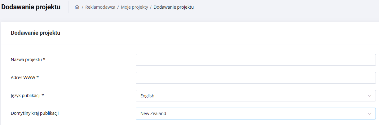 Dodawanie projektu - Australia i Nowa Zelandia