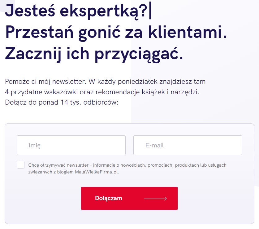 Przykład zachęcającego nagłówka na w formularzu na stronie Mała Wielka Firma. 