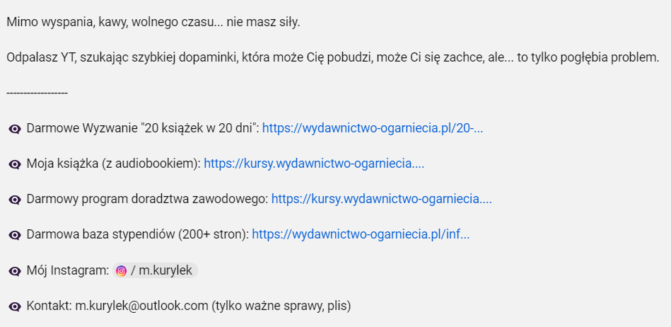 Linki do landing pages w opisie pod filmem na YouTube Michała Kuryłka.