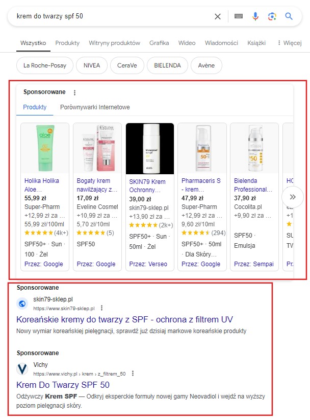 Przykład reklamy Google Ads w wynikach wyszukiwania Google. 