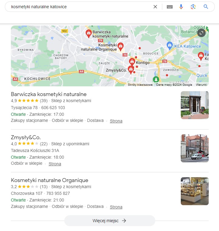 Przykład profilu firmy na mapach i w wynikach wyszukiwania Google. 