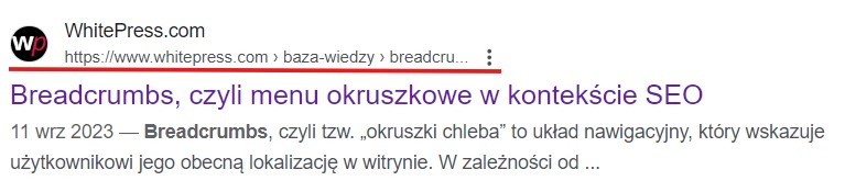 Wygląd menu okruszkowego w wynikach wyszukiwania. 