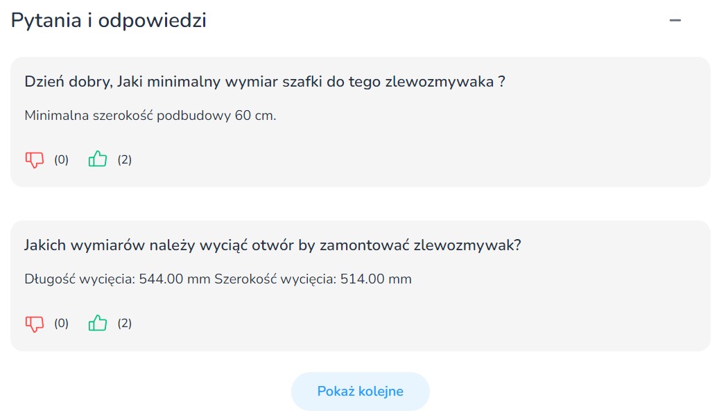 Przykład sekcji pytania i odpowiedzi na stronie lazienkaplus.pl.