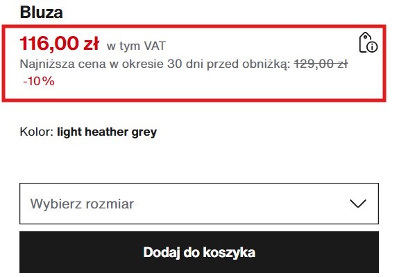 Przykład umieszczenia ceny, oraz jej pogrubienia i wyróżnienia na czerwono w sklepie Zalando.