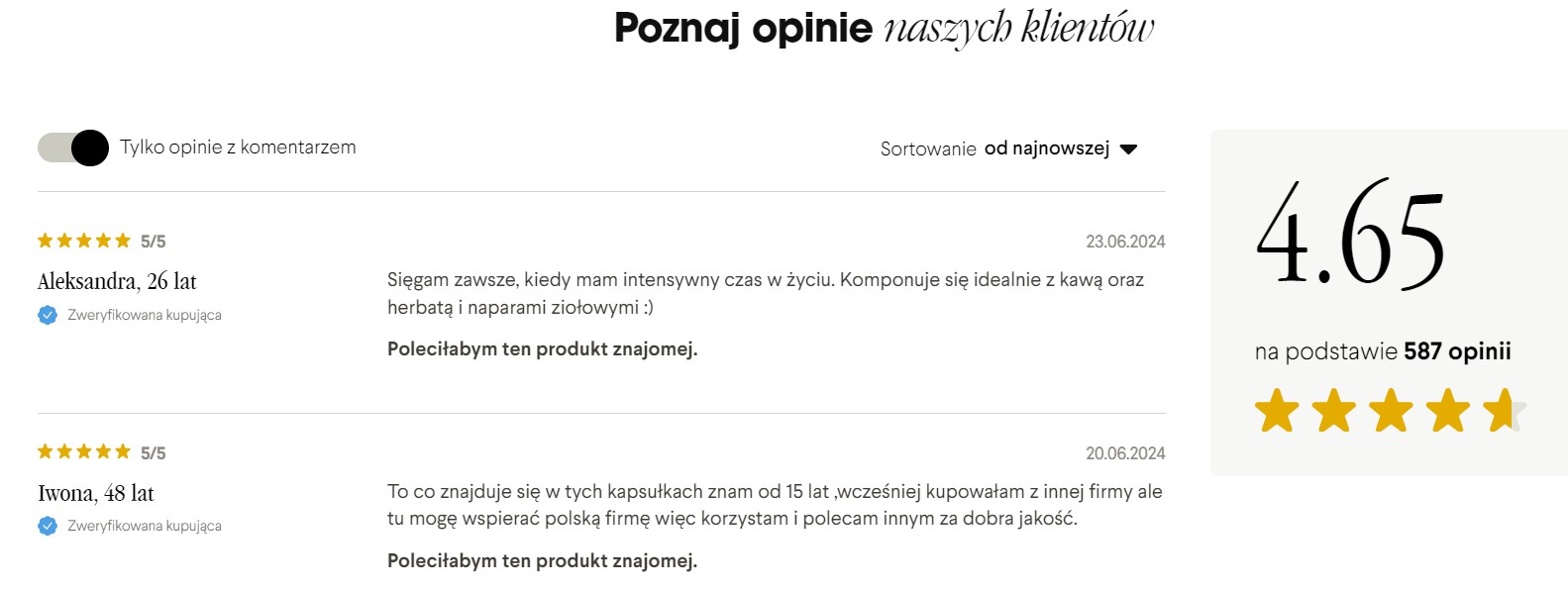 Screen ze sklepu Health Labs Care obrazujący komentarze z dopiskiem "poleciłabym ten produkt znajomej".