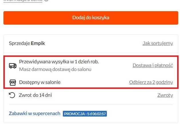 Przykład podania informacji o dostępności towaru na karcie produktu w sklepie Empik - czy jest dostępny w salonie i kiedy jest przewidywana wysyłka. 