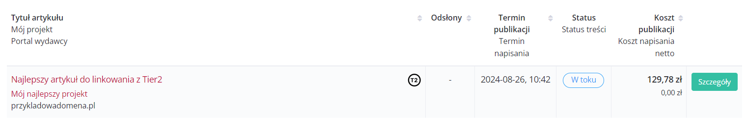 Podgląd statusu publikacji z dodatkowym linkowaniem tier2