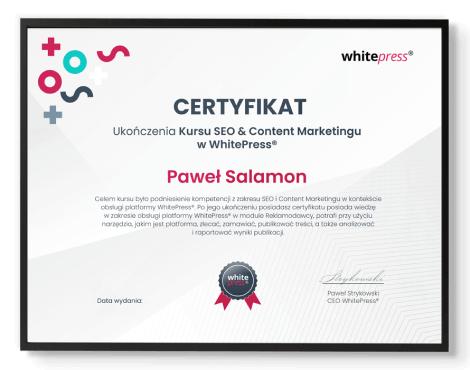 Certyfikowany Kurs SEO & Content Marketing w WhitePress® - Certyfikat